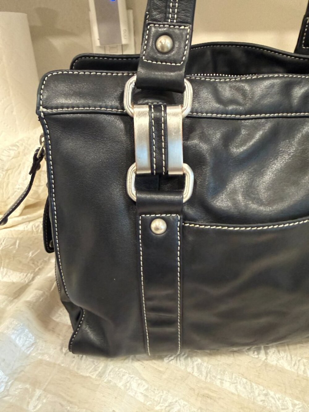 Perlina New York Black Genuine Leather Y2K Shoulder Bag Tote Hardware - Picture 11 of 17